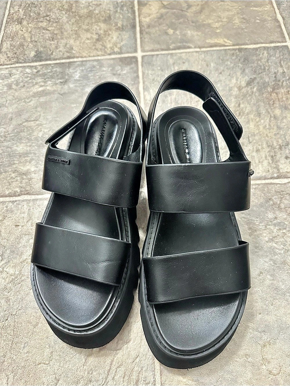 Charles & Keith Double-Strap Ridged-Sole Flatform Sandals Black